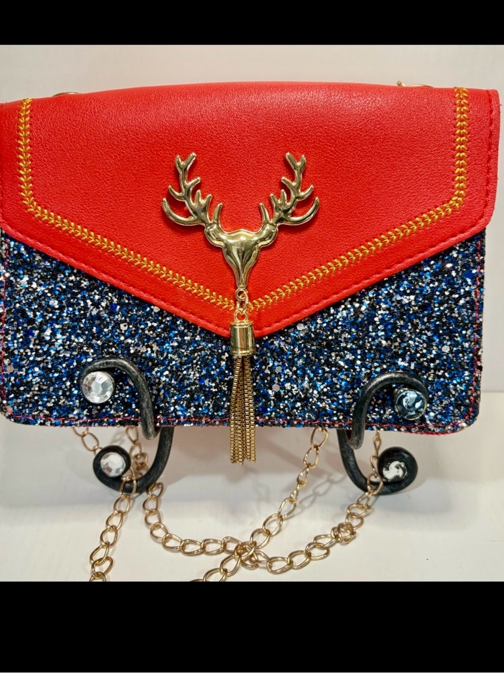 Red Western Deer Skull Crossbody
Purse Gold Chain Tassel Holiday purse sequins